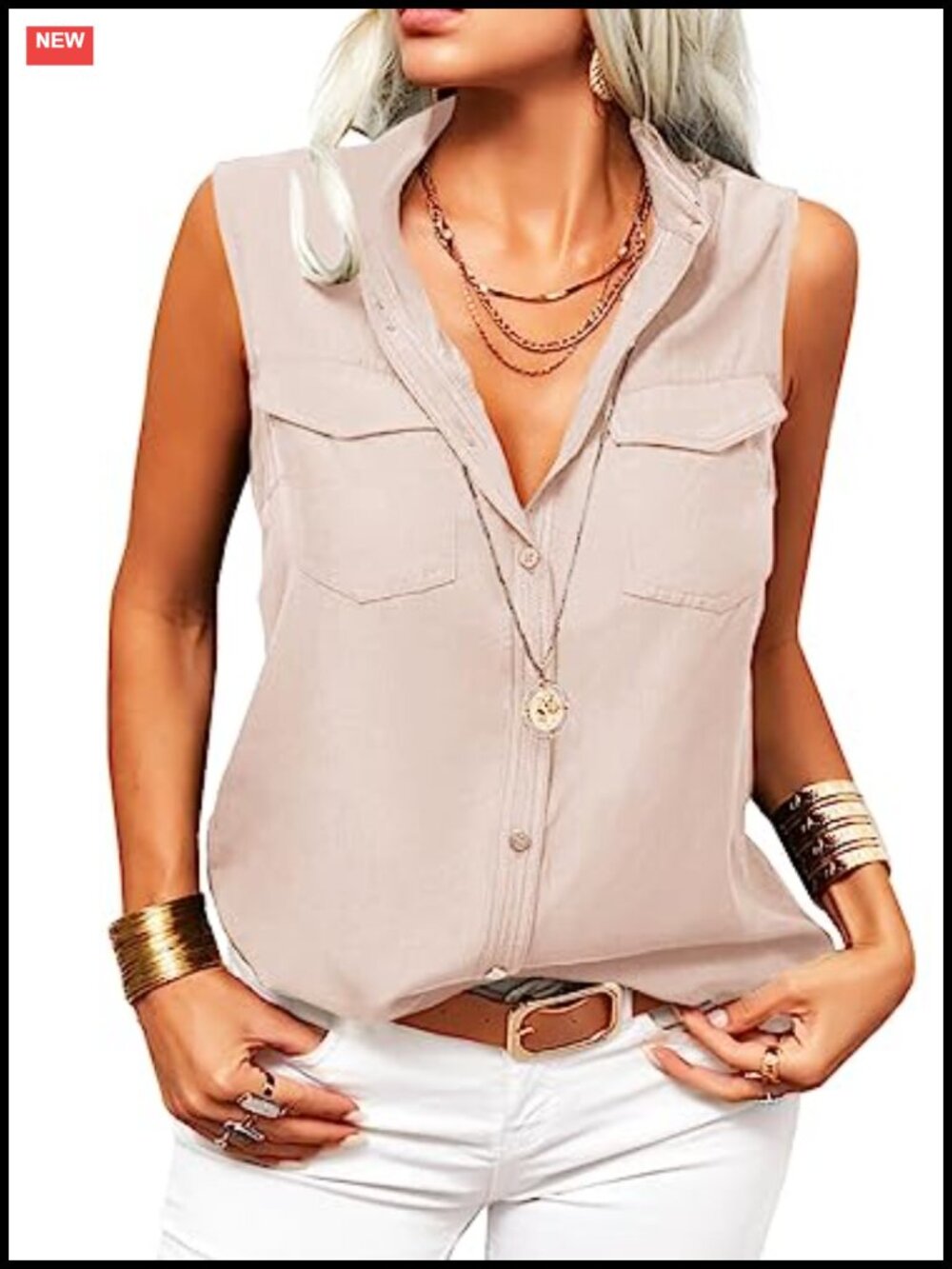 Womens Lapel Button Down Sleeveless Tank Top 100% Polyester Lightweight Summer